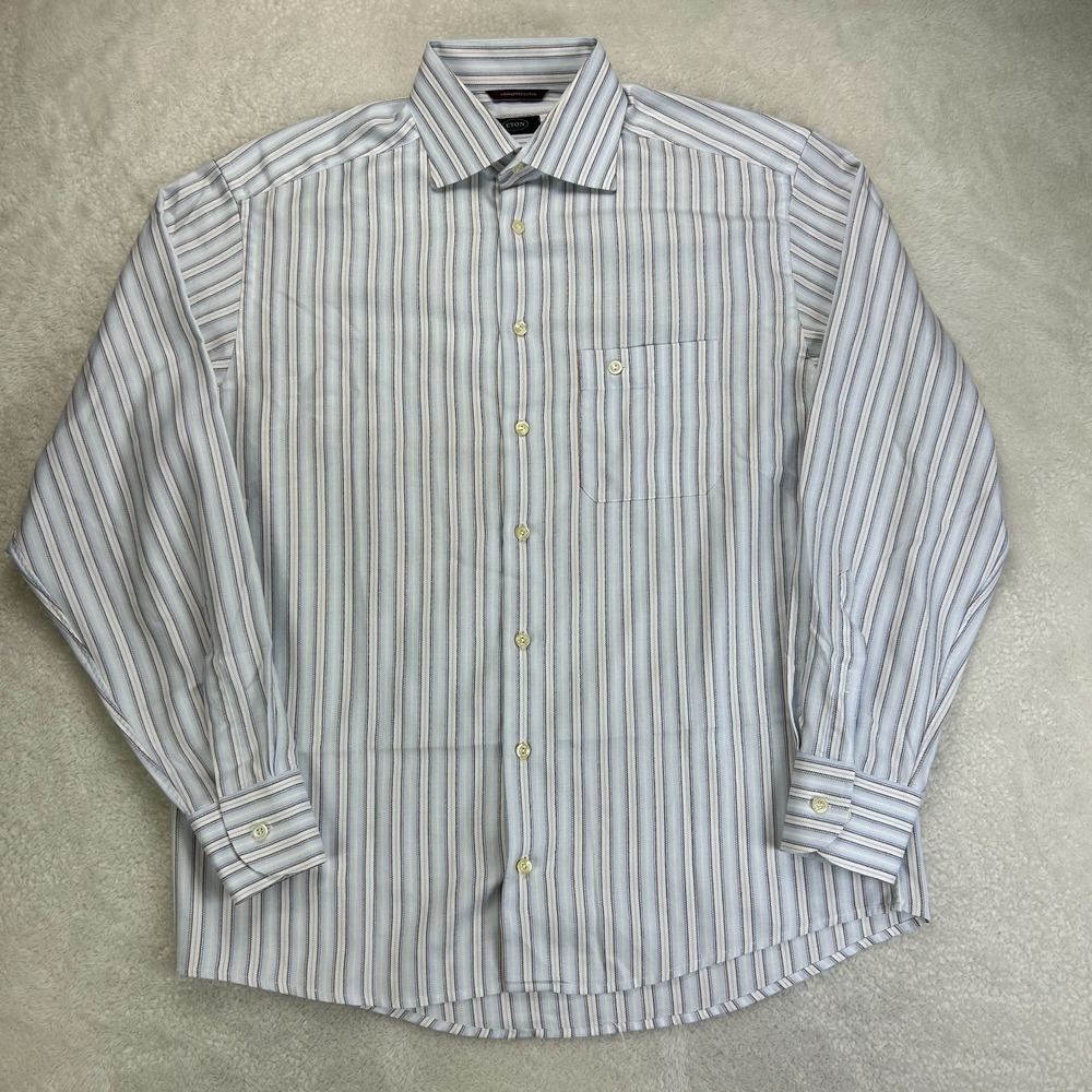 Eton Dress Shirts Mens 16 1/2 Blue Brown Striped Classic Wrinkle Free Stylish